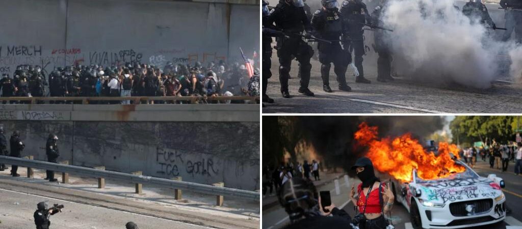 2,000 LA anti-ICE rioters takeover 101 Freeway downtown as self-driving cars lit on fire in chaotic scene